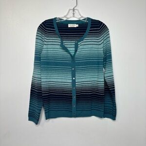 Lochmere Pure Cashmere Cardigan Women’s XS Teal Blue Striped